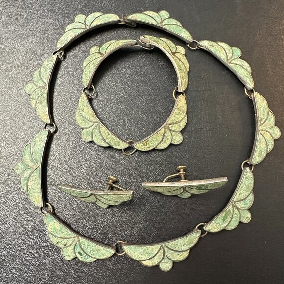 Vintage Mexico Sterling Silver Turquoise Inlay Necklace Bracelet Earrings Taxco